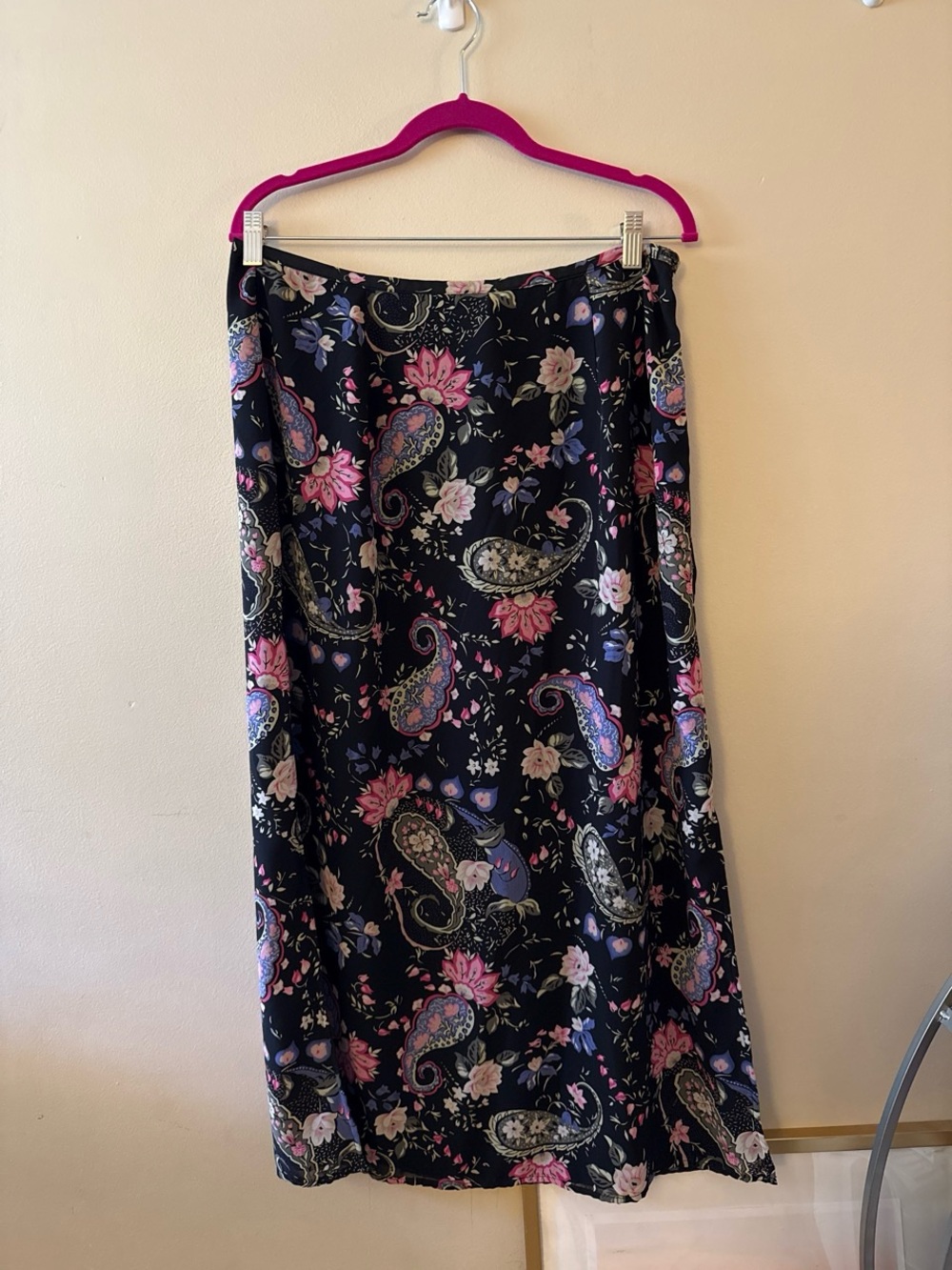 Kathie Lee Collection Black Maxi Skirt with Pink & Blue Paisley Floral Print